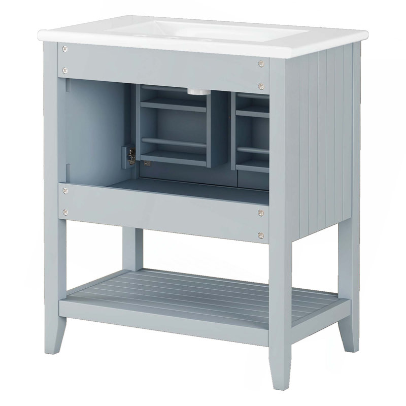 30" Modern Sleek Bathroom Vanity Elegant Ceramic Sink With Solid Wood Frame Open Style Shelf & Door Shelf Design, Grey