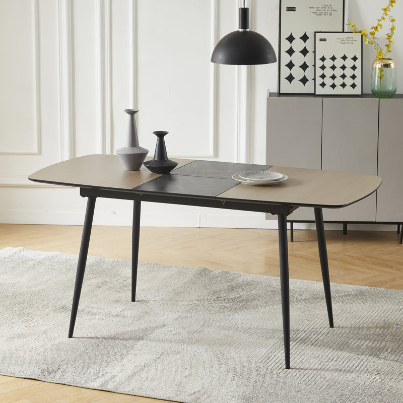 5-Piece Kitchen Dining Room Table Set 47" To 62" Extending MDF Wood Board & Metal Frame Dining Table With 4 Teddy Fabric Chairs