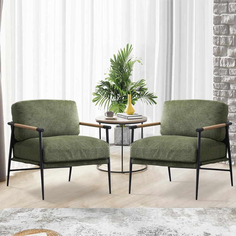 Trinita 37.75'' Wide Modern Metal Frame Velvet Accent Armchair (Set of 2）, Green Polyester Blend