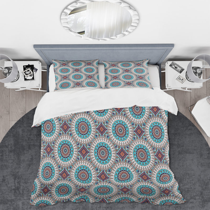 Cercles floraux indiens turquoise - ensemble de housse de couette bohémien - polyester microfibre