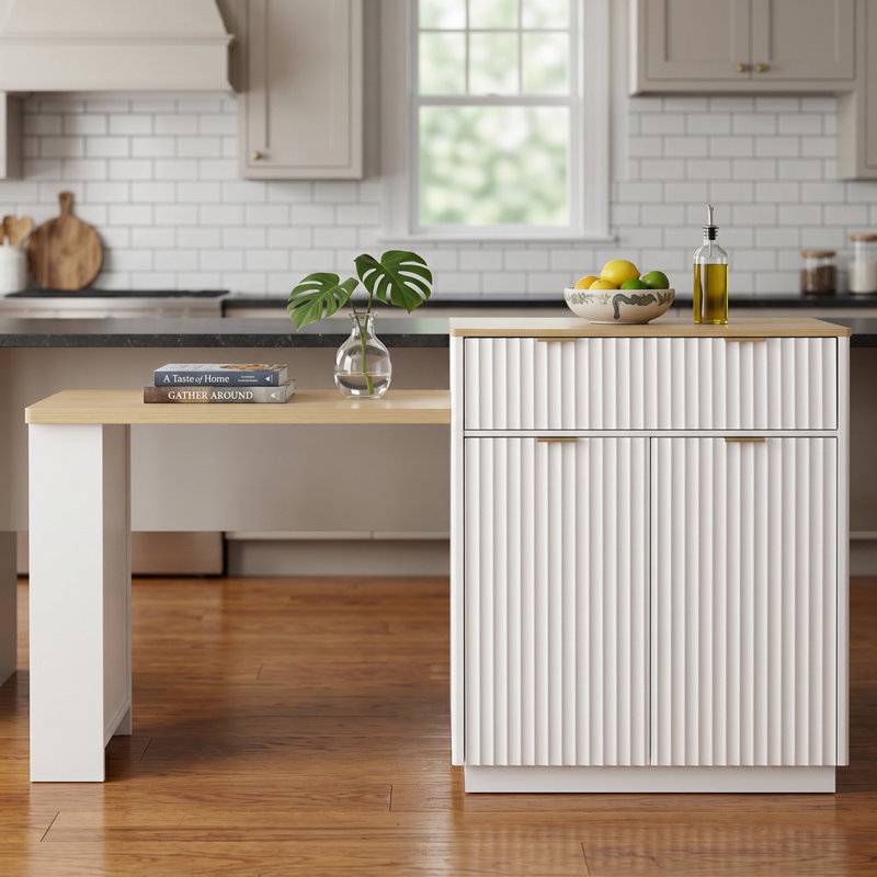 Table de cuisine 82,6 po en MDF avec rangement double-face, 2 tiroirs et 2 tablettes ouvertes blanches, White