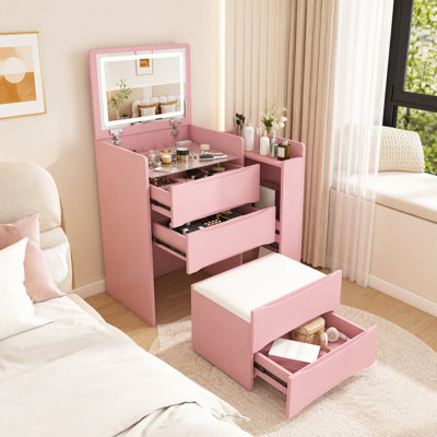 Coiffeuse 3 en 1 avec miroir rabattable, éclairage et rangement, table de maquillage avec DEL réglable, plateau coulissant latéral et tabouret, rose