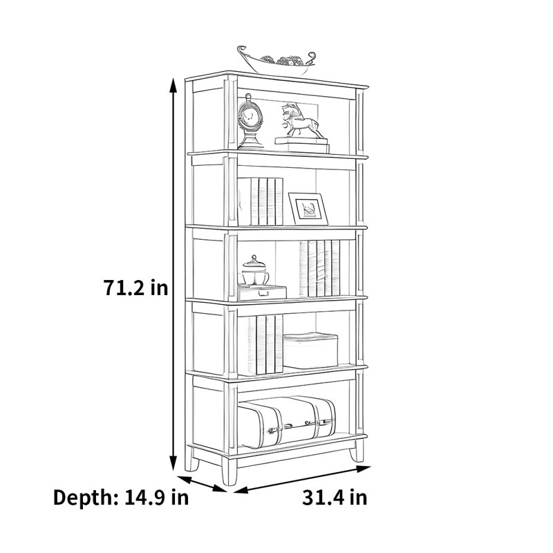 Retro versatile bookcase, (5 Shelves) 71.2"H x 31.4"W x 14.9"D, Brown