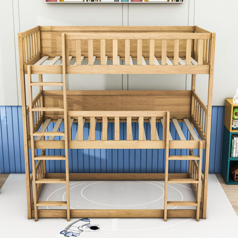 Kaio Twin Over Twin Over Twin Wooden Triple Bunk Bed With Ladders And Guardrails, White Oak