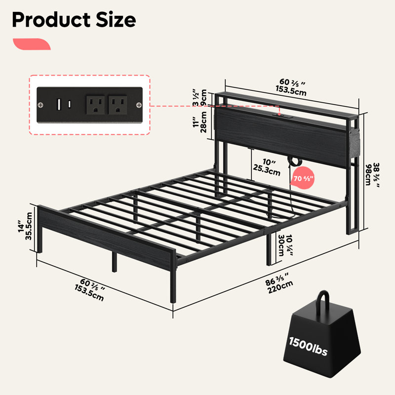 Annice Bed Frame with LED Light and Charging Station,Metal Platform with Power Outlets,Noiseless,No Spring Box Needed, Queen