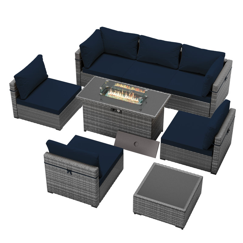 Ensemble de conversation d'extérieur en osier pour 6 personnes avec table de foyer, table basse et couvercle en verre Filora
