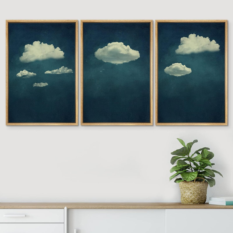Natural Framed Blue Sky and White Clouds Canvas Triptych