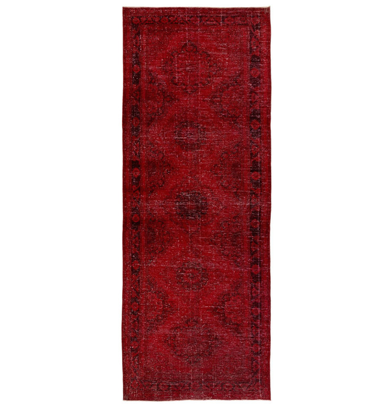 Tapis de couloir contemporain en laine turque délavé à la main 4,7 x 12,4 pi de teinte rouge