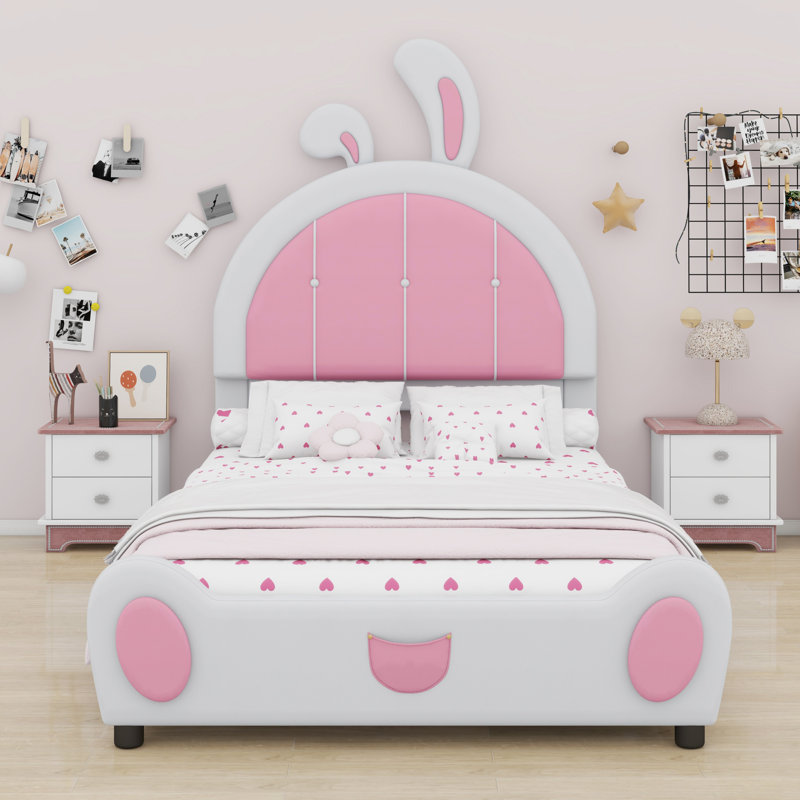 Upholstered Platform Bed With Rabbit Shaped Headboard