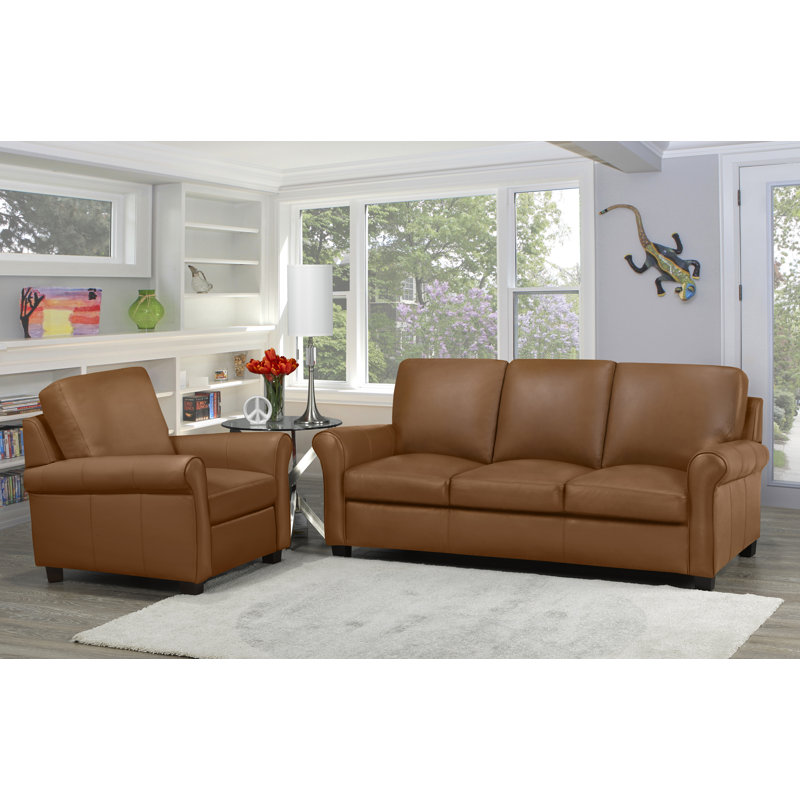 Canapé Ambrie, Cuir véritable brun moyen, H 36 po x l 80 po x P 37 po