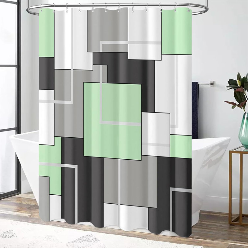 Modern Geometric Polyester Shower Curtain With Water Repellent Fabric, Machine Washable, Includes 12 Plastic Hooks For Bathroom Decor