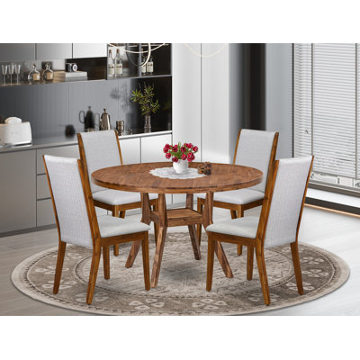 L'ensemble de table de cuisine 5 pièces comprend une table de salle à manger à piédestal et 4 chaises Parson en lin gris avec dossier haut - Finition noyer antique