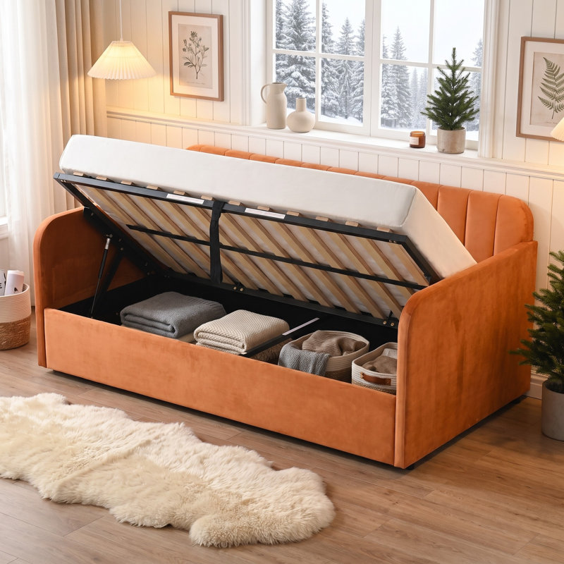 Lit de jour rembourré capitonné avec rangement pour lit de piano, velours orange, Orange