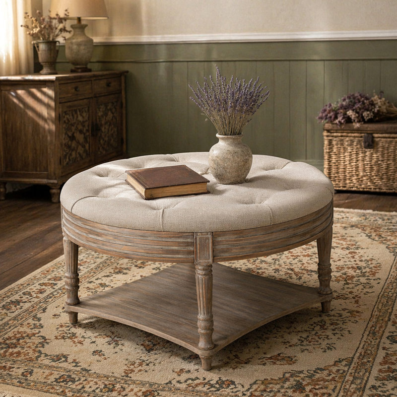 Round Tufted Upholstered Fabric Ottoman