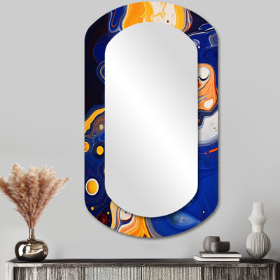 Jaune et bleu liquide encre de rivière III - miroir d'encre cylindrique unique, grand miroir mural asymétrique jaune, impression sur métal