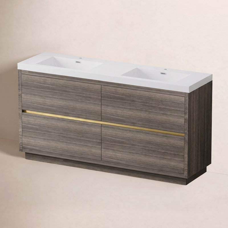 Meuble-lavabo double autoportant 71 po avec plateau en résine Beira, Gris cendre