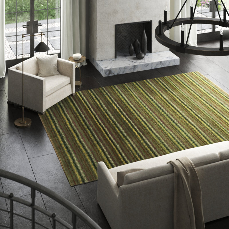 Wool Striped Area Rug in Green/Yellow