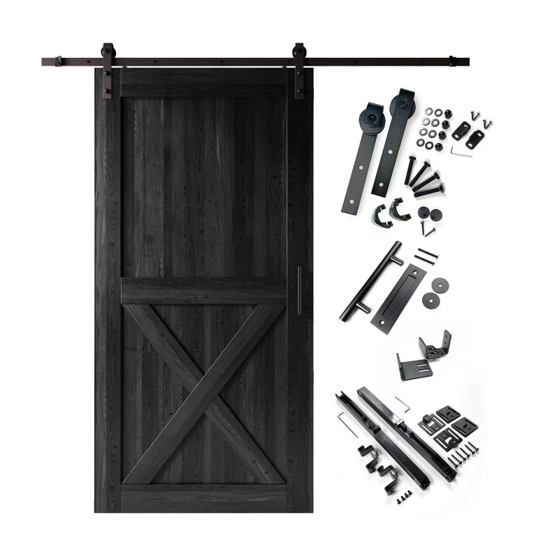 Homacer 96inch high black unassembled & finished x design barn door with single door non-bypass installation hardware kit, interior use only