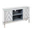 Meuble télé en miroir pour téléviseur de 65 pouces et plus, console de télévision avec rangement ouvert et 2 armoires de rangement, portes de miroir en forme de M pour le salon