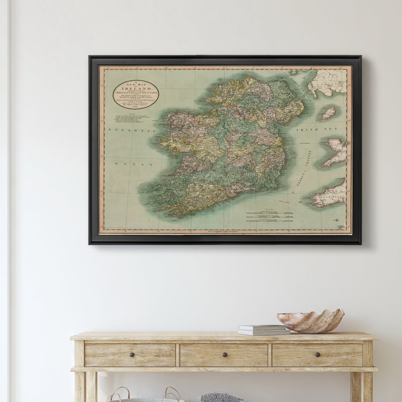 Carte de l’Irlande vintage-impression d’art graphique sur toile encadrée, H 22,5 po x l 30,5 po x P 1,5 po, Cadre noir