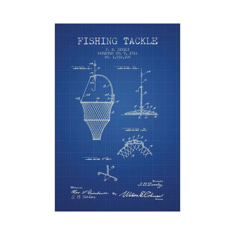 J.H. Zevely Fishing Tackle Patent Sketch (Blue Grid) by Aged Pixel - Wrapped Canvas Gallery-Wrapped Canvas Giclée