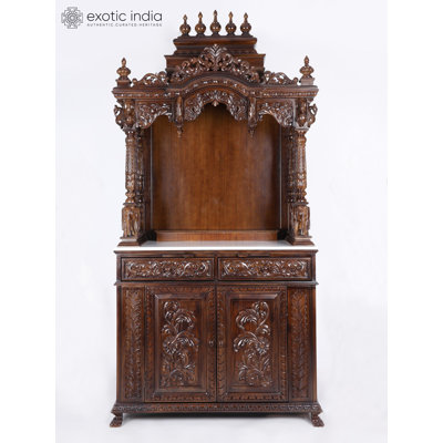 Large Designer Wooden Puja Mandir, 81-Inch Hand-Carved Shrine with Doors & Drawers