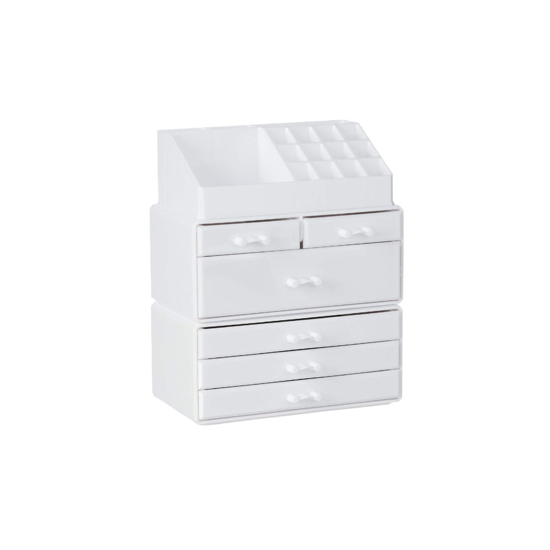 Organiser with 6 Drawers, 22 Compartments for Makeup Storage, Acrylic Cosmetic Tower, White