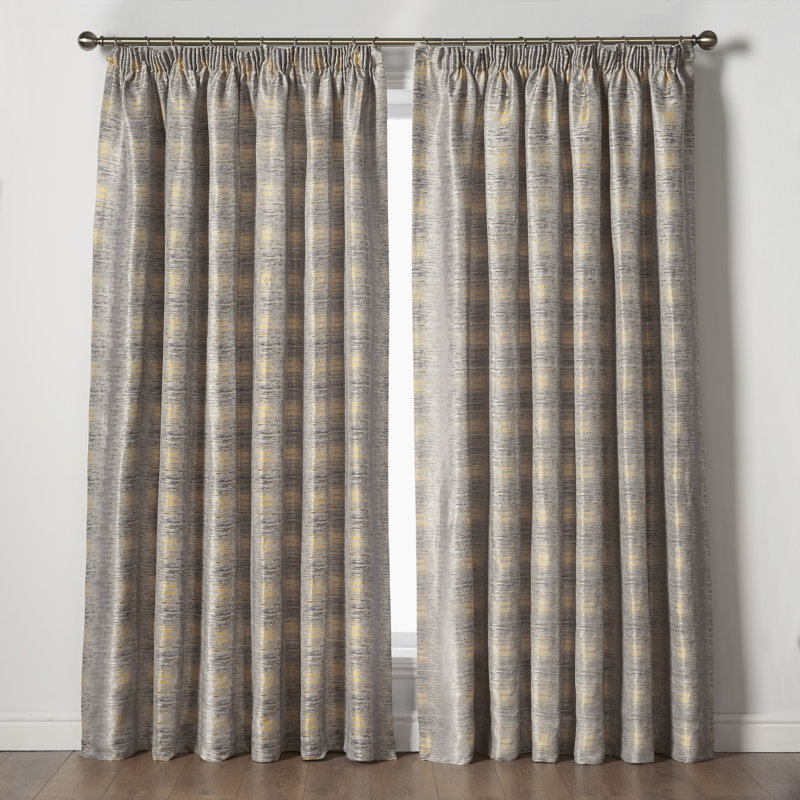 Auberon Reflective Pencil Pleat Room Darkening Curtains, Width 117 x Drop 137cm, Ochre