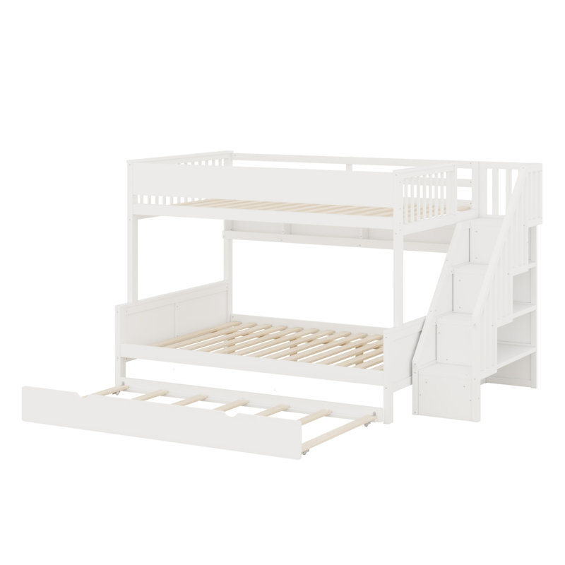 Lit superposé multifonctionnel avec tablettes de rangement, escalier avec tiroirs, lit gigogne et lumière DEL, Blanc