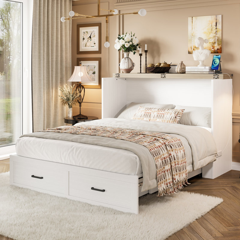 Armoire lit escamotable Murphy, lit double avec station de charge, lit plateforme pliable multifonctionnel, Blanc, Lit double