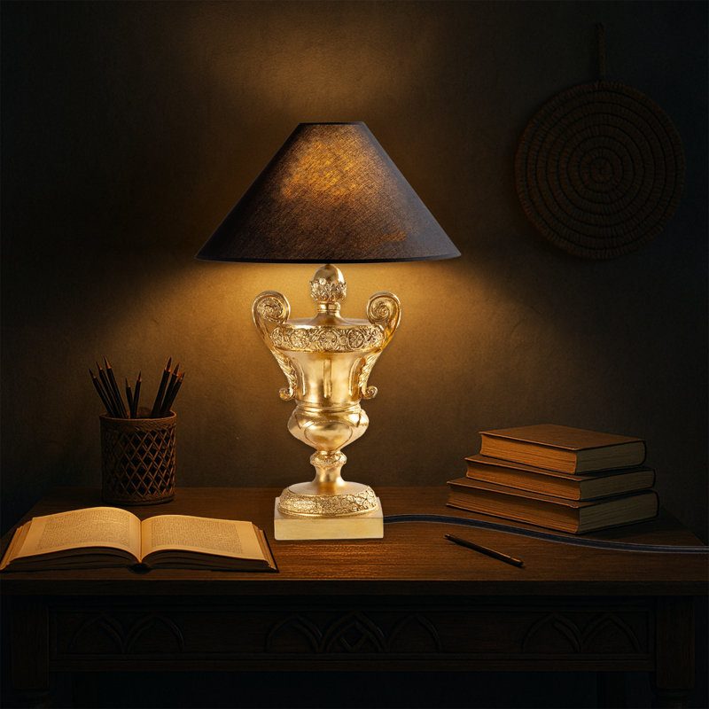 Golden Fabric Cap Trophy Bedside Table Lamp, Black