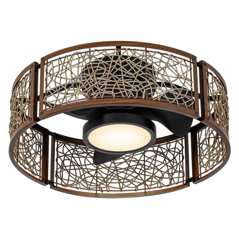 20-Inch Low-Ceiling Cage Ceiling Fan with LED Light, Natural Rattan Dark Walnut, Dark Walnut