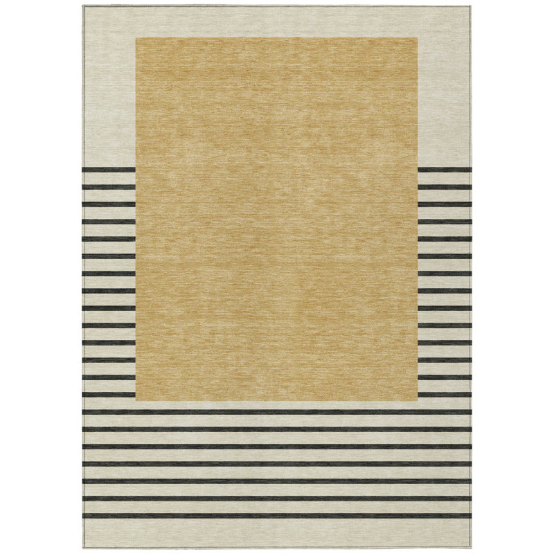 3' X 5' Gold Striped Washable Indoor Outdoor Area Rug