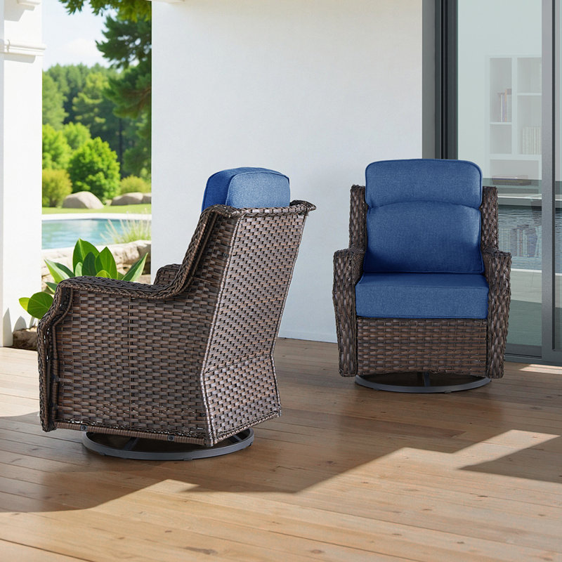Ensemble de meubles de patio de luxe avec coussin épais de 6 pouces, chaises de patio à bascule pivotantes pour l'extérieur, ensemble de conversation en osier 2 pièces pour terrasse et bord de piscine, bleu
