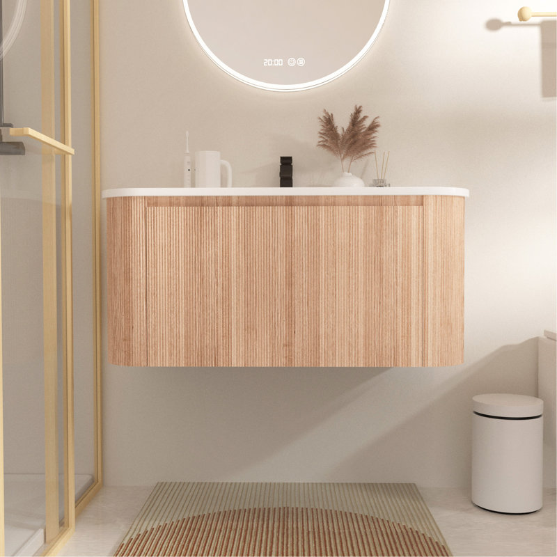 Meuble-lavabo mural 36 po avec lavabo, design incurvé, finition bois texturé, marbre de culture intégré, 36"
