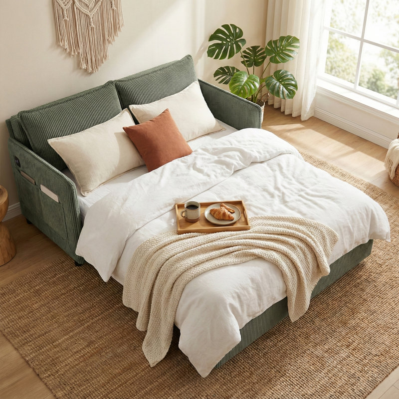 Full Size Convertible Sleeper Sofa, 55.38" Pull Out Sofa Bed, Teal Green