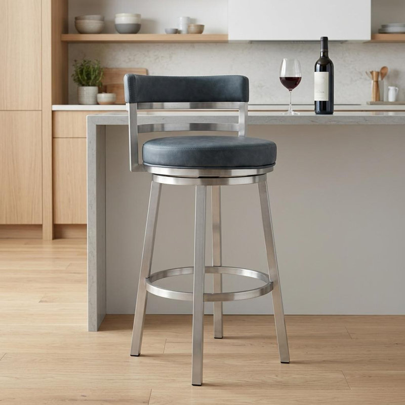 Chaise de bar pivotante 26 po en similicuir bleu et argent et acier inoxydable