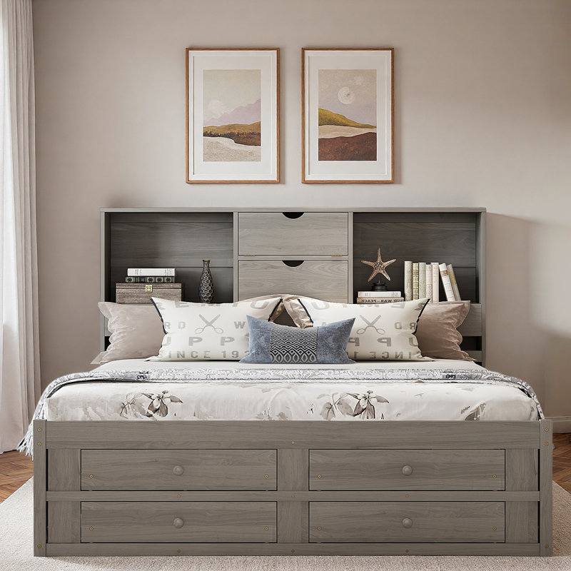 Lit plateforme avec tête de lit avec rangement et 8 tiroirs, Gris, Très grand lit