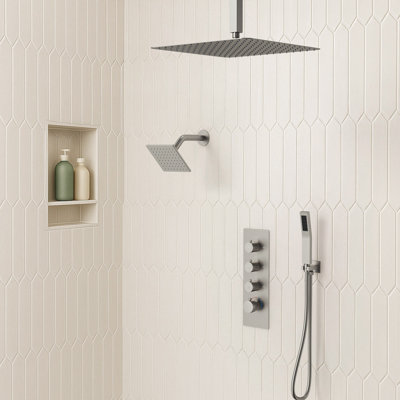 Thermostatic Shower Faucet System, Ceiling Mount High-Pressure Rainfall Dual Shower Head with Rough-In Valve