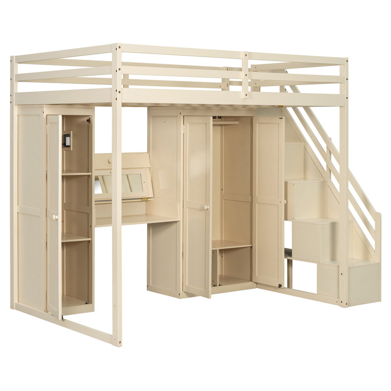 Lit mezzanine double avec escalier de rangement, Beige