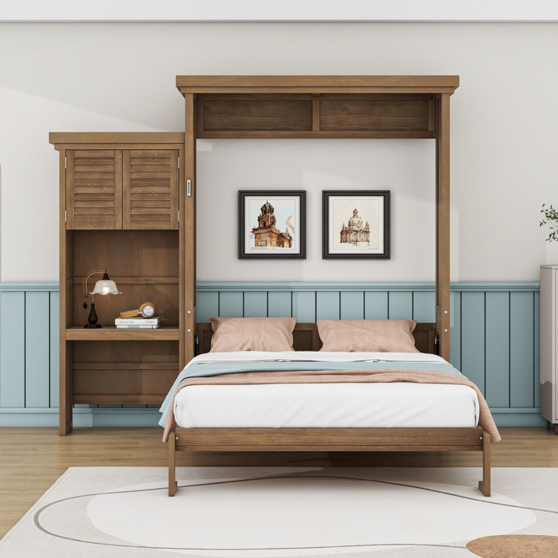 Grand lit escamotable avec persiennes et plusieurs tablettes de rangement, Bois