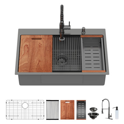 Évier de cuisine encastrable 36 po 36 po avec robinet escamotable et distributeur de savon - 36 po x 22 po x 9 po à cuve simple en acier inoxydable de calibre 16
