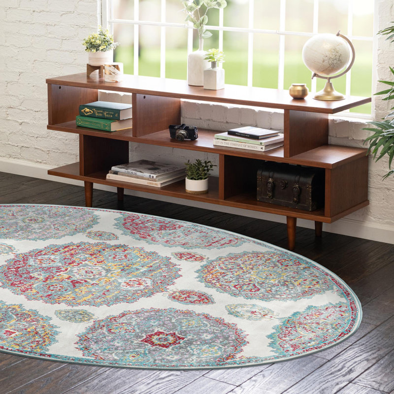 Tapis floral en polypropylène tissé à la machine ivoire / bleu / rouge, Ovale 3 pi 3 po x 5 pi 3 po
