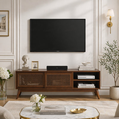 Meuble télé moderne en rotin pour téléviseur 65 po, meuble audio-vidéo, console multimédia, pieds en bois massif et portes d'armoire en rotin