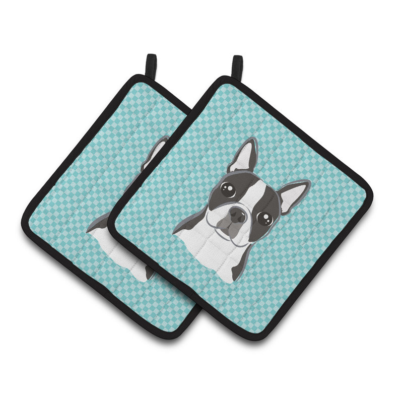 Cuisinier poignée boston terrier caroline Checkerboard, Bleu