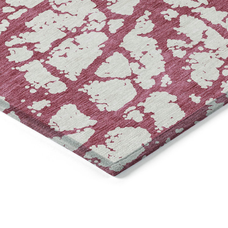 Blush and White Abstract Machine-Washable Indoor/Outdoor Rug
