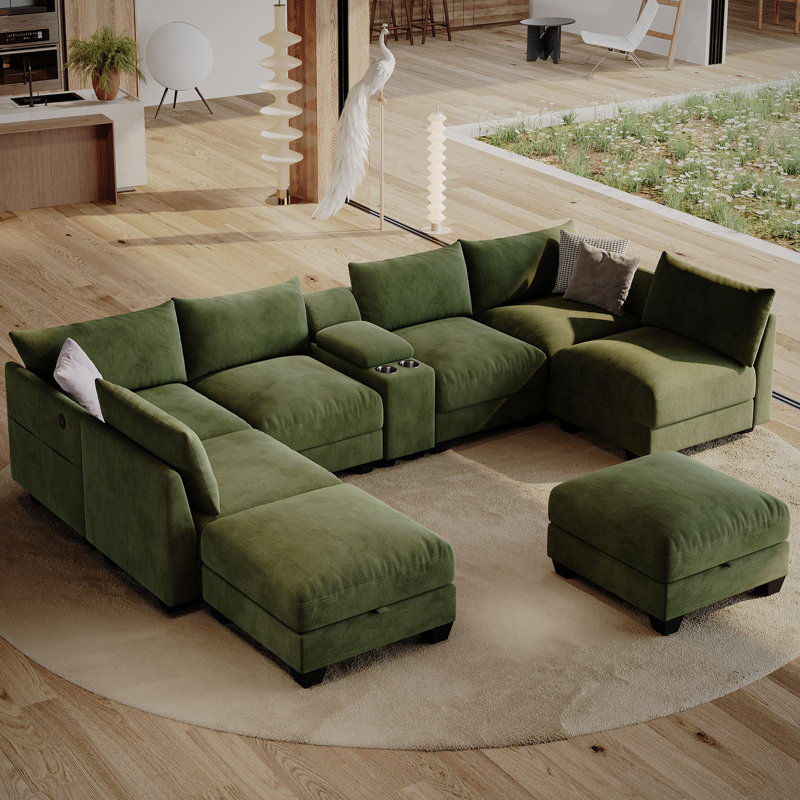  Amold 136.2'' U-Shaped Sectional Sofa, 8-Seater Modular Couch, Comfy Living Room Cloud Sofa With Ottoman And Console