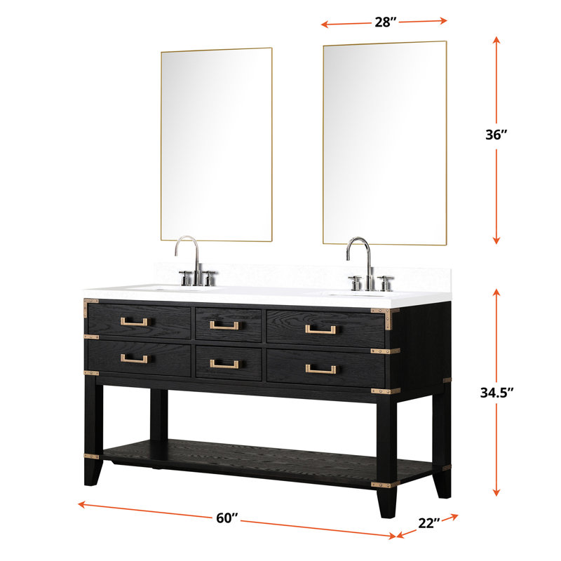 60 po Large meuble-lavabo double en chêne noir avec comptoir en quartz blanc, robinet et 28 miroirs, le comptoir poli à la main est livré avec