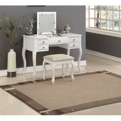 Classic 1Pc Vanity Set W Stool White Color Drawers Open-Up Mirror Bedroom Furniture Unique Legs Cushion Seat Stool Vanity
