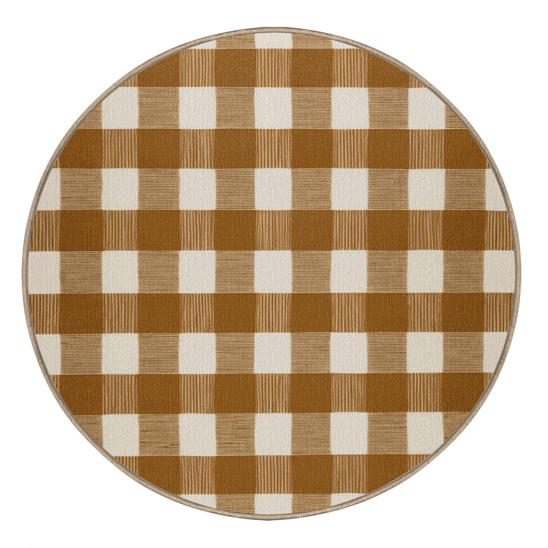 Machine Washable Checkered Brown Area Rug, Round 6'